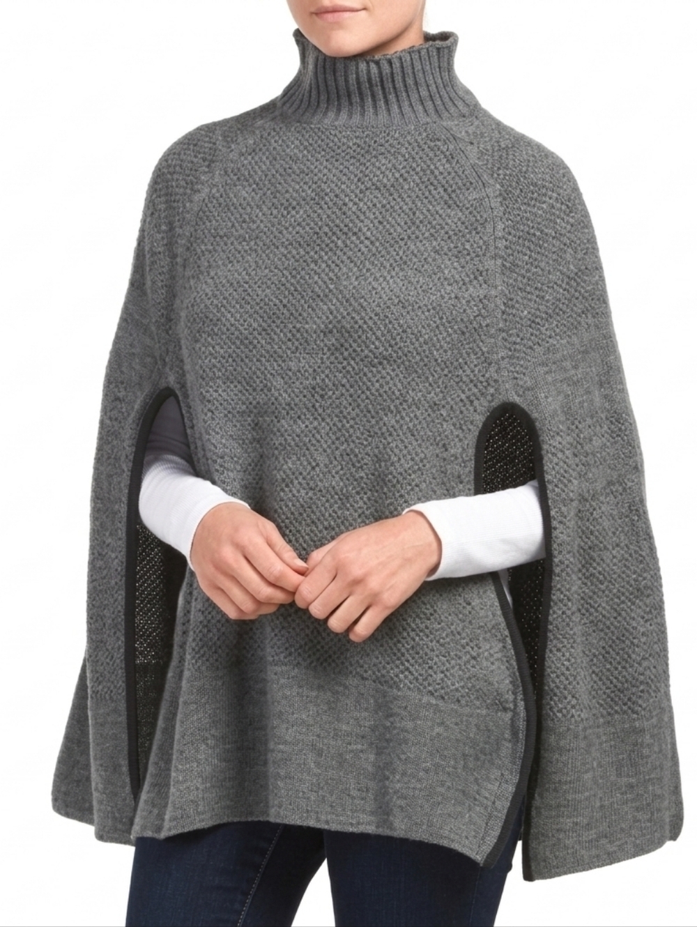 Lauren Ralph Lauren Women One Size Wool Blend Cape Sweater Grey Turtleneck